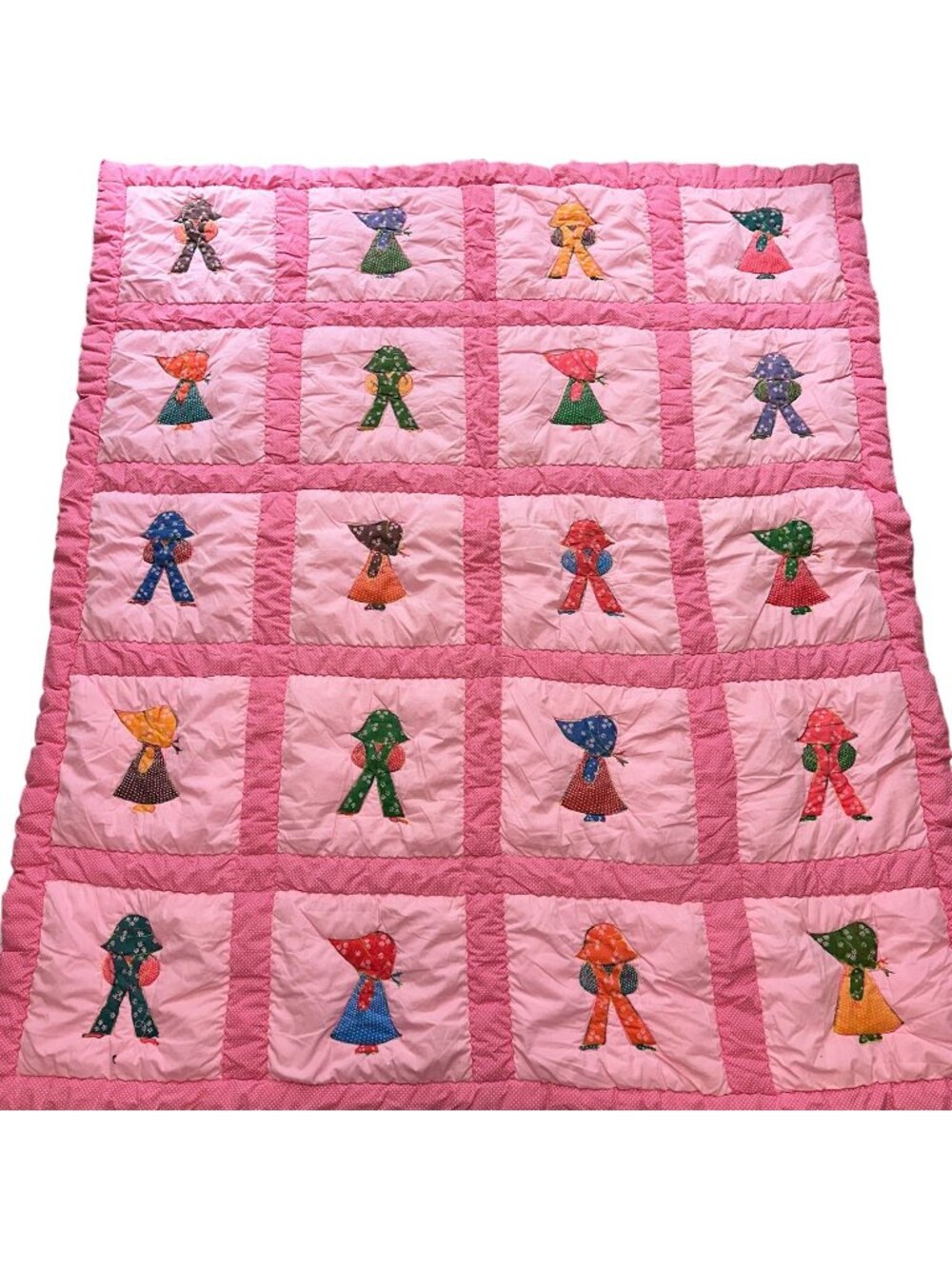 Vintage 80s Sunbonnet Sue Sam Quilt Blanket Pink Comforter 70x80 Handmade